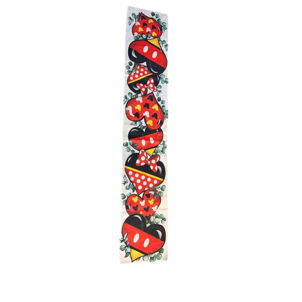 Disney Mickey Minnie Mouse Heart Table Runner Valentine Day Red‎ Black tan Linen